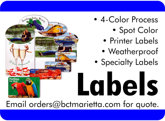 Labels: 4-Color Process, Spot Color, Printer Labels, Weatherproof, Specialty Labels. Email for quote.